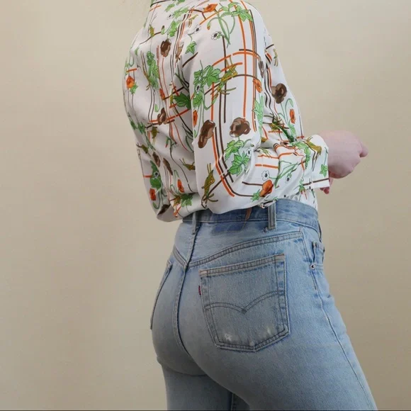 Vintage 70s Button Up Shirt Collared Bold Floral Print White + Green Pattern - Picture 3 of 7